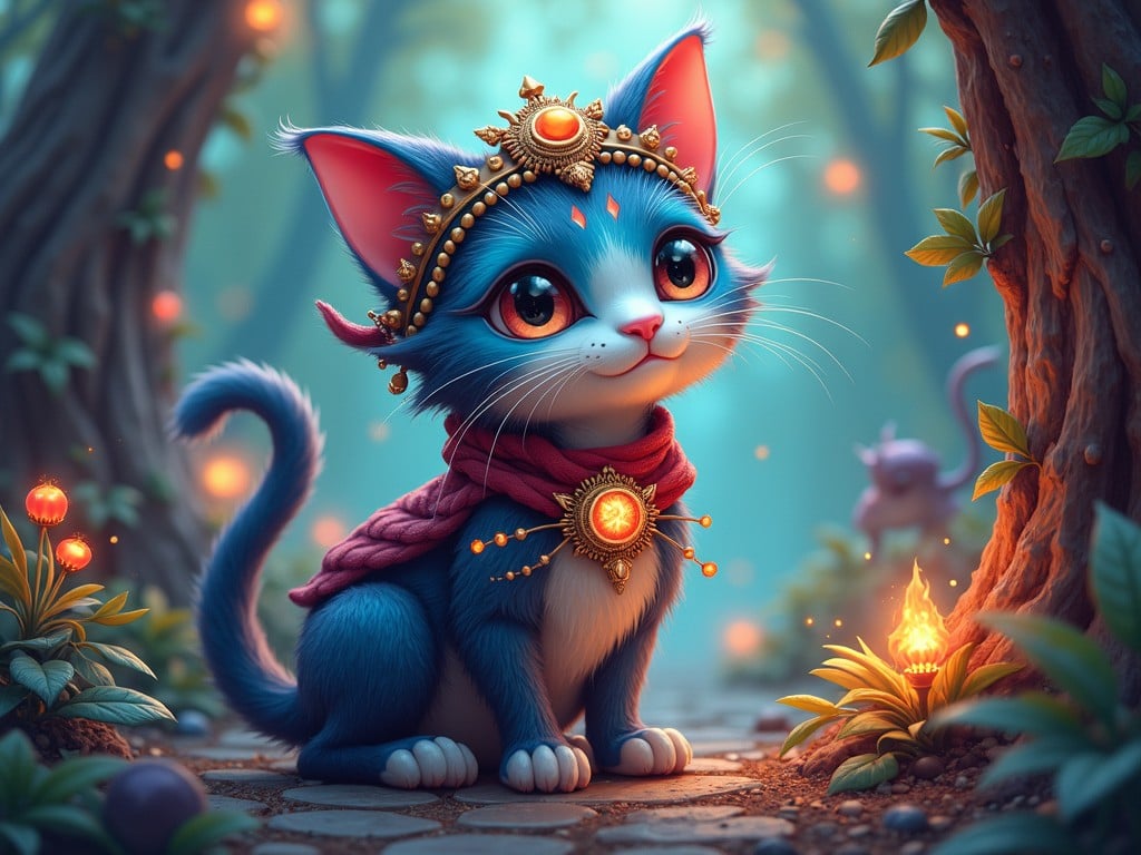 A whimsical illustration featuring a blue-furred cat adorned with an ornate, golden crown and a glowing gemstone necklace. The feline sits gracefully on a forest path, surrounded by luminescent plants and gentle hues of green and orange, creating an enchanting atmosphere.