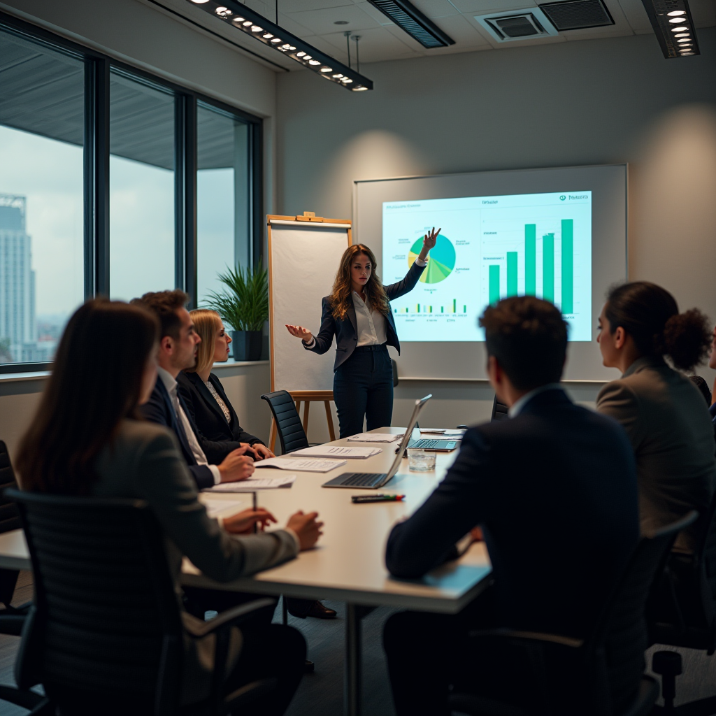 A woman giving a presentation to colleagues in a modern conference room.