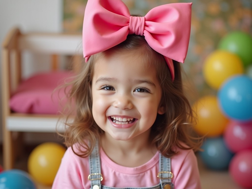 A young girl with a large pink bow sitting amidst a colorful background. She has a joyful expression and is wearing a pink shirt. The environment is playful, filled with vibrant balloons and soft furnishings. This image captures the essence of childhood happiness and innocence. Perfect for children's fashion or educational content.