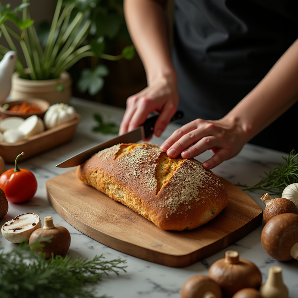 A person is slicing freshly baked bread on a wooden board, surrounded by vegetables and herbs on a kitchen table.