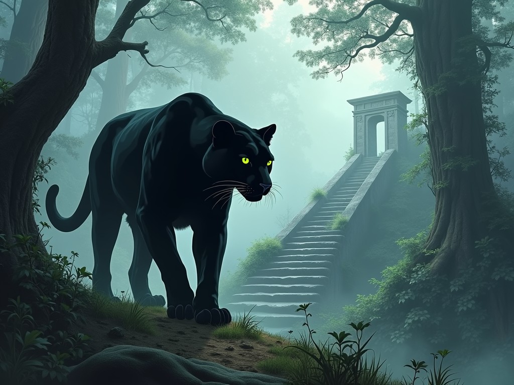 A striking black panther stands poised at the forefront of a mystical forest scene. Its vivid yellow eyes contrast sharply with its sleek, dark fur, embodying both elegance and intensity. The background features a mist-shrouded staircase leading to an ancient stone archway, surrounded by lush, towering trees that add to the sense of mystery.