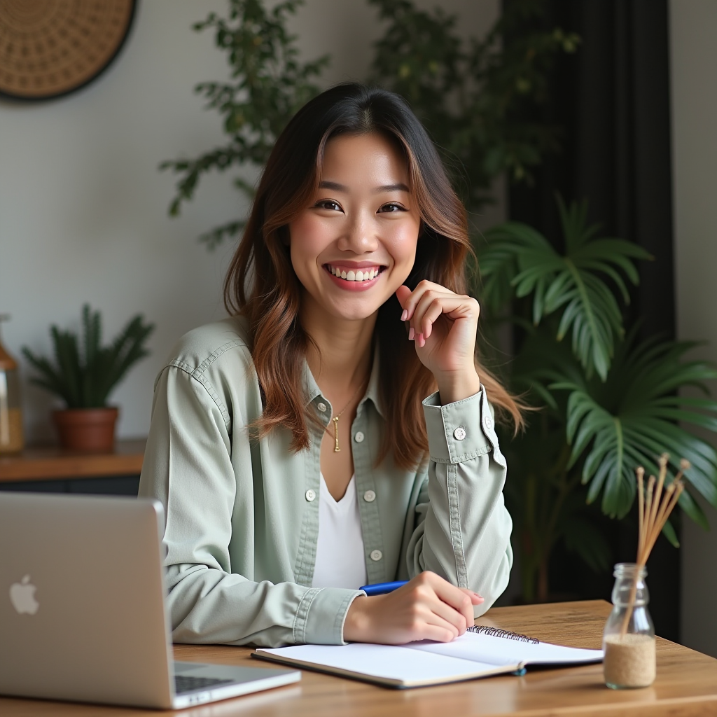 A person smiles at a desk with a laptop, notebook, and green plants in the background.