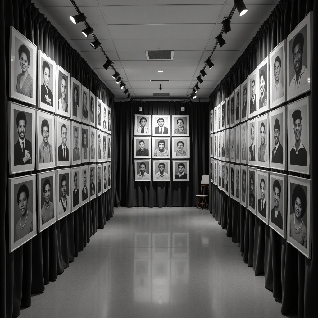 The image features a gallery showcasing black and white photographs of African American graduates. The walls are lined with floor-to-ceiling portraits, capturing the essence of each individual. The space is framed with black drapes, creating a formal gallery atmosphere. A striking arrangement is found at the center of the room, highlighting a curated collection of faces. The lighting is bright and even, focusing attention on the photos while creating a reflective ambiance.