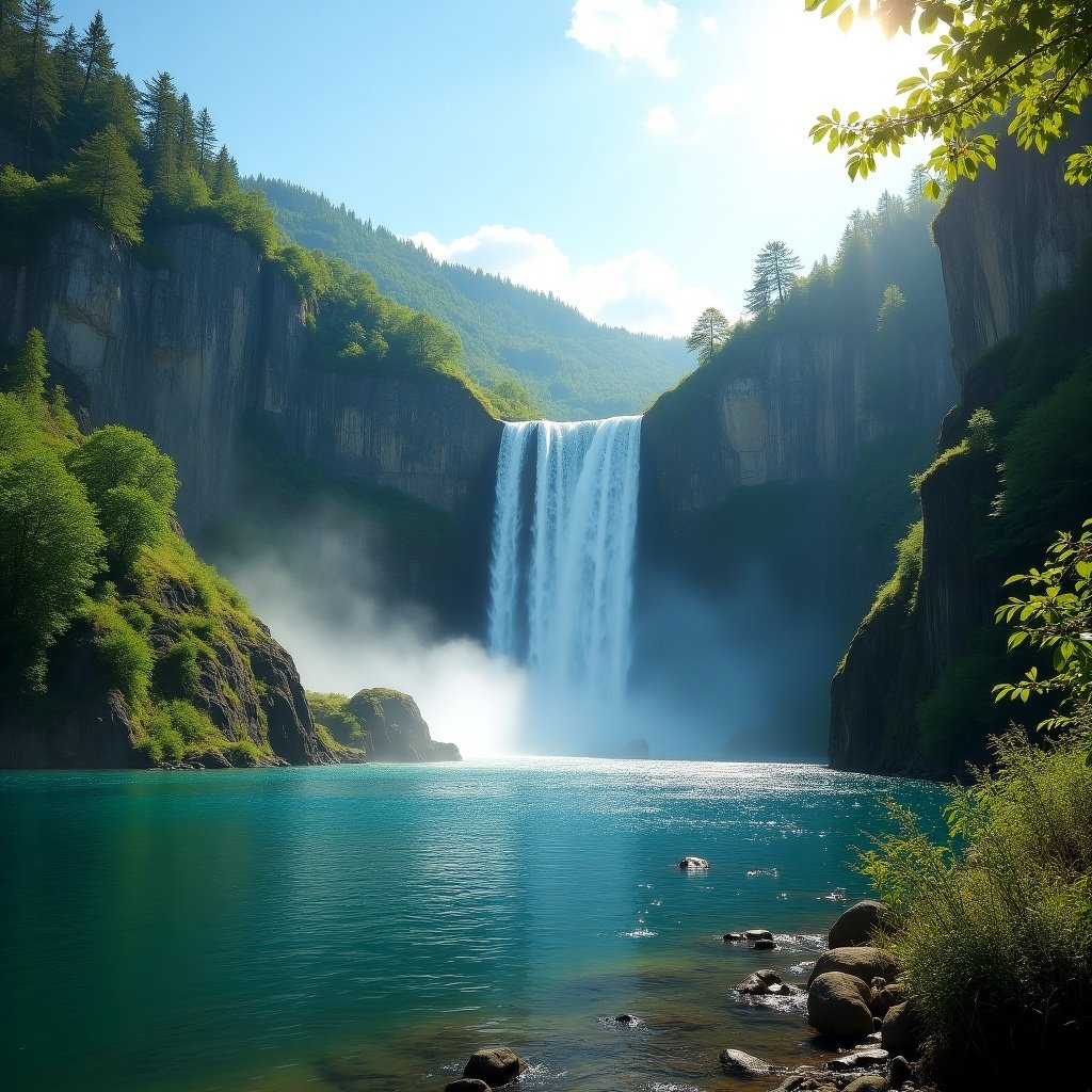 A breathtaking scene of a powerful waterfall cascading down rugged cliffs into a large, serene lake below. The surrounding landscape is lush and green, with dense trees and vibrant vegetation lining the edges of the water. The lake's surface is calm, reflecting the clear blue sky above and the vibrant greenery. The sun shines brightly, casting warm light over the entire scene, creating a sparkling effect on the water and highlighting the mist rising from the base of the waterfall. The atmosphere is peaceful, yet awe-inspiring, with nature in its full, radiant glory.