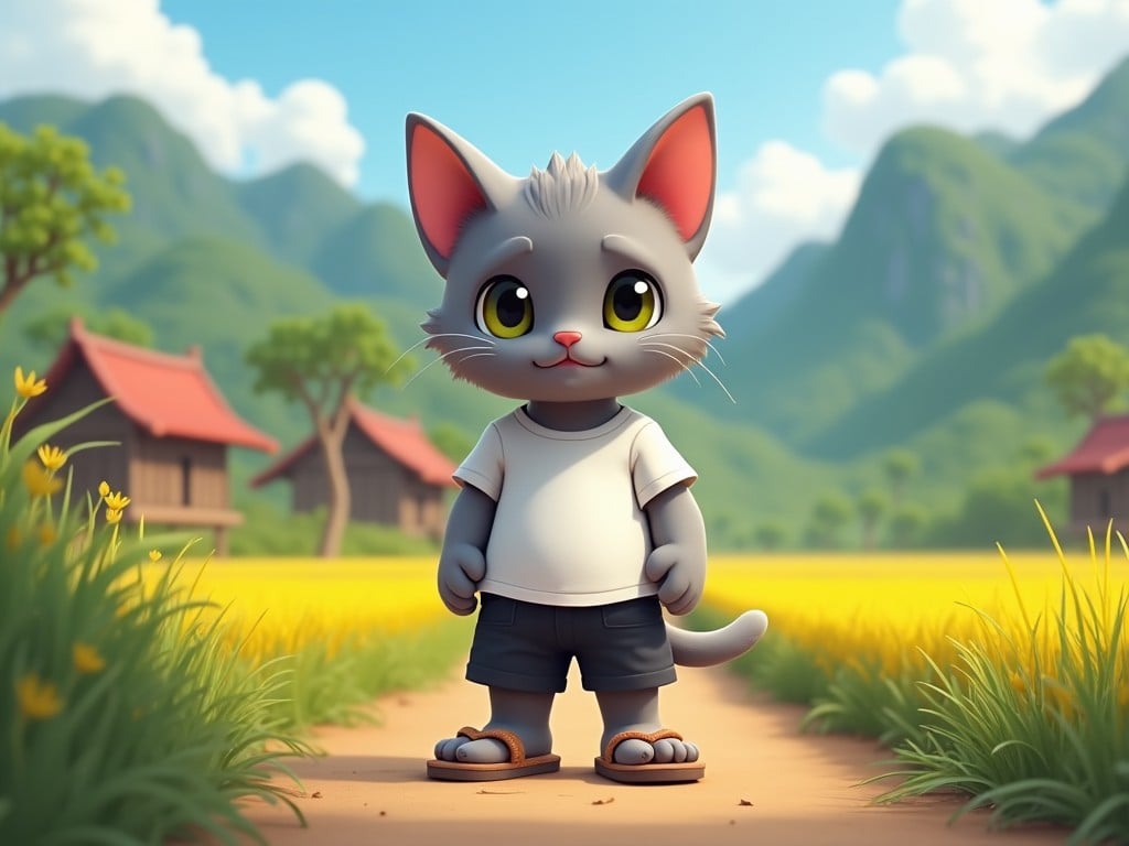 A cute anthropomorphic cat with large eyes stands on a path in a rural village, surrounded by fields and mountains, with houses and trees in the background. The cat is dressed casually in a t-shirt and shorts, with a serene and sunny atmosphere.