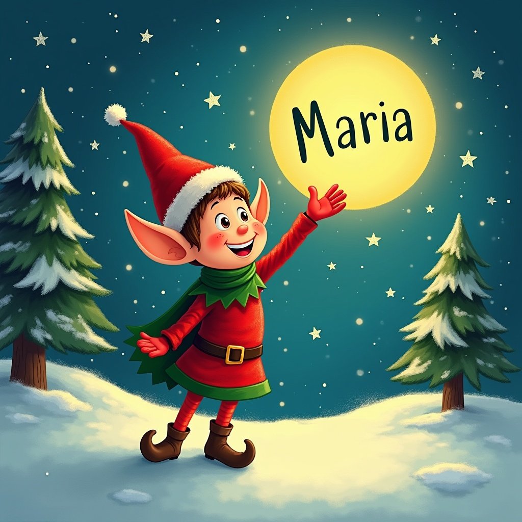 The image features a cheerful elf named Maria, wearing a red and green outfit and a pointy hat. He joyfully writes his name in the air, illuminated by the warm light of a full moon. The background displays a cozy night sky with stars. Snowy trees enhance the winter atmosphere. The scene evokes a sense of magic and whimsy, perfect for the holiday season.