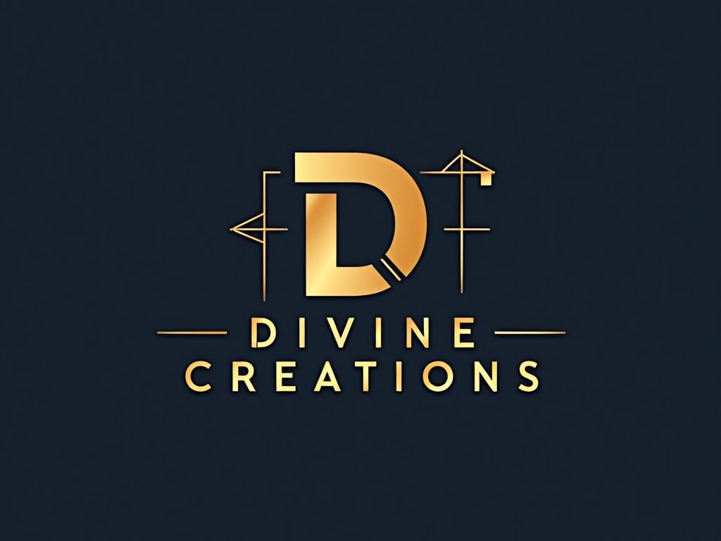 This image features a logo for a construction and design decoration company called 'Divine Creations'. The logo creatively combines the letters 'D' and 'C' to form a unique and modern design. The primary colors used are gold and black, giving it a premium and professional look. There are architectural elements subtly integrated into the logo, suggesting the company's focus on construction and design. This logo is ideal for branding purposes and represents both creativity and expertise in the field.