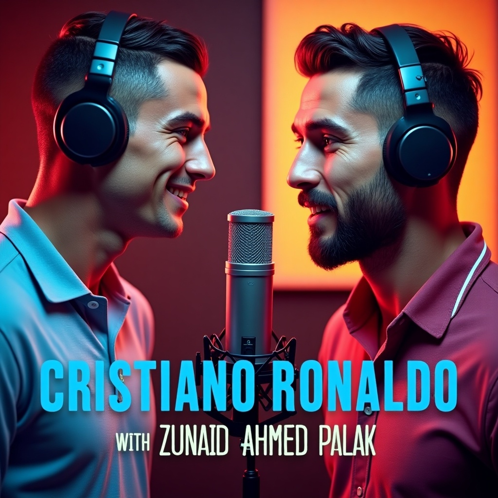 This is an AI-generated image showcasing a YouTube thumbnail for a podcast episode featuring two individuals. One of them is a well-known football star, while the other is a former politician from Bangladesh. They are both wearing headphones and appear engaged in a lively discussion. A microphone is positioned prominently between them, suggesting a professional recording setup. The background is vibrant, with contrasting colors enhancing the energy of the moment. Text elements are included for branding and clarity.