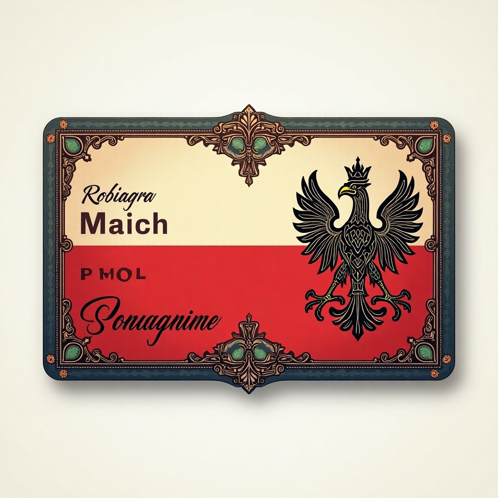 This image features a novelty ID card inspired by Poland. It showcases a bold red and white color scheme representing the Polish flag. At the center is a stylized eagle, a national symbol of Poland. The text includes a fictional name and details, adding a humorous twist. This ID card can be used for creative purposes, themed events, or as a fun gift.