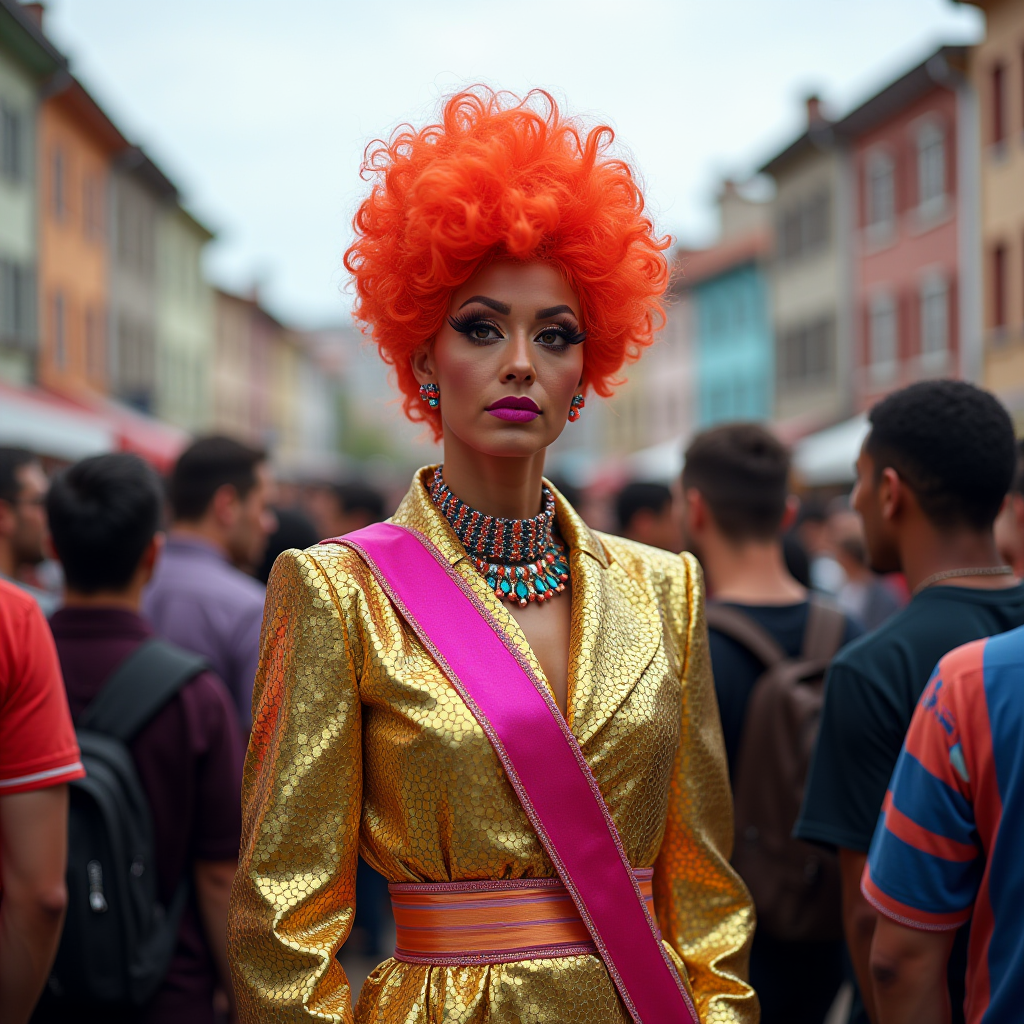 A person with bright orange hair in a golden outfit stands confidently among a crowd on a colorful street.