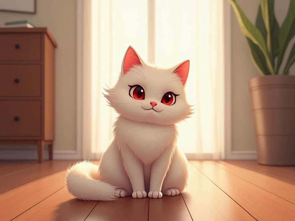 The image features a cute, fluffy white cat sitting gracefully. It has large, expressive red eyes and distinct red-tipped ears. The background displays a cozy indoor setting with soft lighting. Sunlight streams in through a window, highlighting the cat's fur. The floor is wooden, enhancing the warm atmosphere. There’s also a leafy plant in a pot visible next to the cat. Overall, the scene feels inviting and cheerful, making it a delightful representation of a pet.