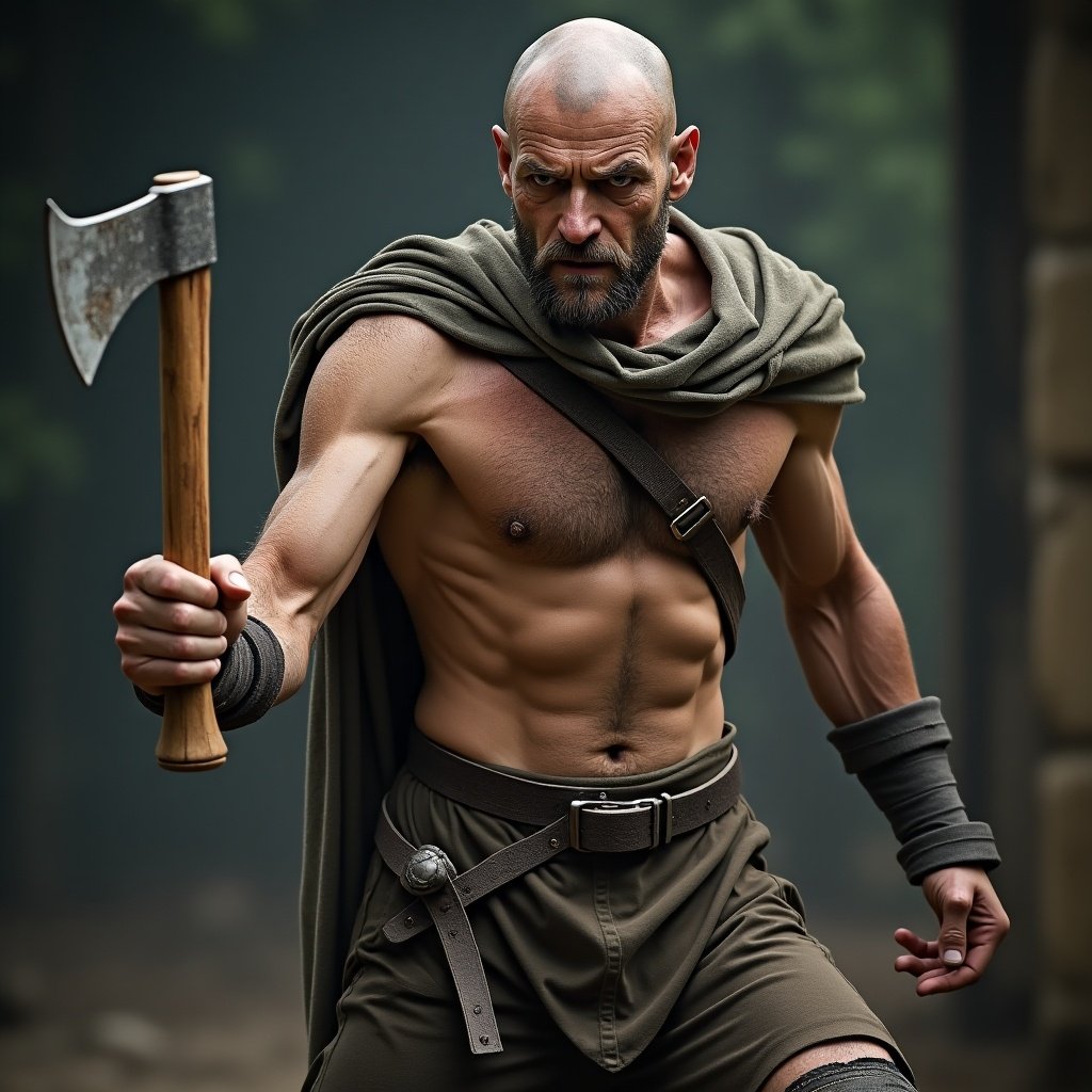 A man stands ready to defend himself after a brutal fight. His muscles are defined, showcasing the result of years of combat training. His clothes are torn, indicating the intense struggle he has endured. Sweat and dirt cover his face, emphasizing the physical toll of battle. Clutching a small, weathered axe in his right hand, his body is tense in anticipation of the next attack. Facing slightly to the right, he exhibits grit and resolve.