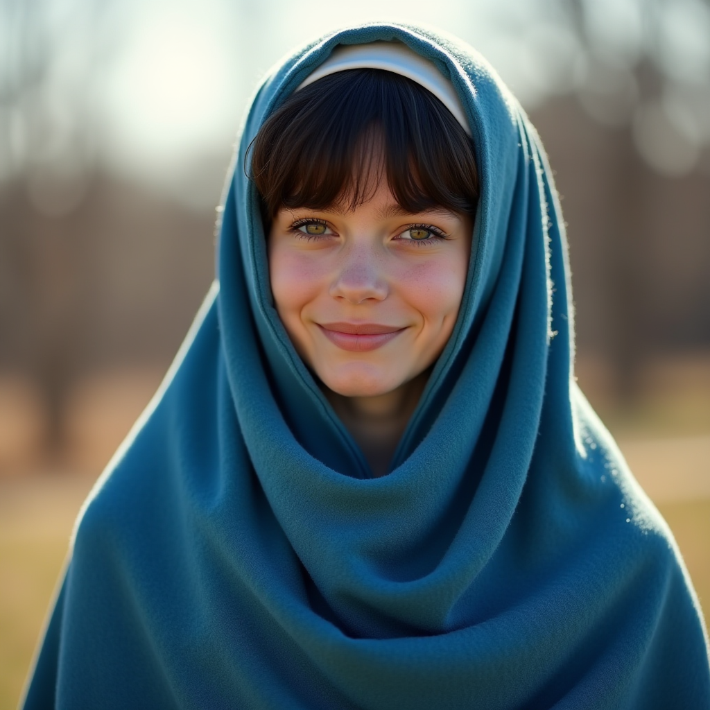 The image depicts a young person with a serene expression, wrapped warmly in a blue shawl that covers their shoulders and head. The backdrop is softly blurred, suggesting an outdoor setting with natural light illuminating their face, highlighting their gentle smile and bright eyes. The simplicity and calmness of the scene create a peaceful and reflective mood.