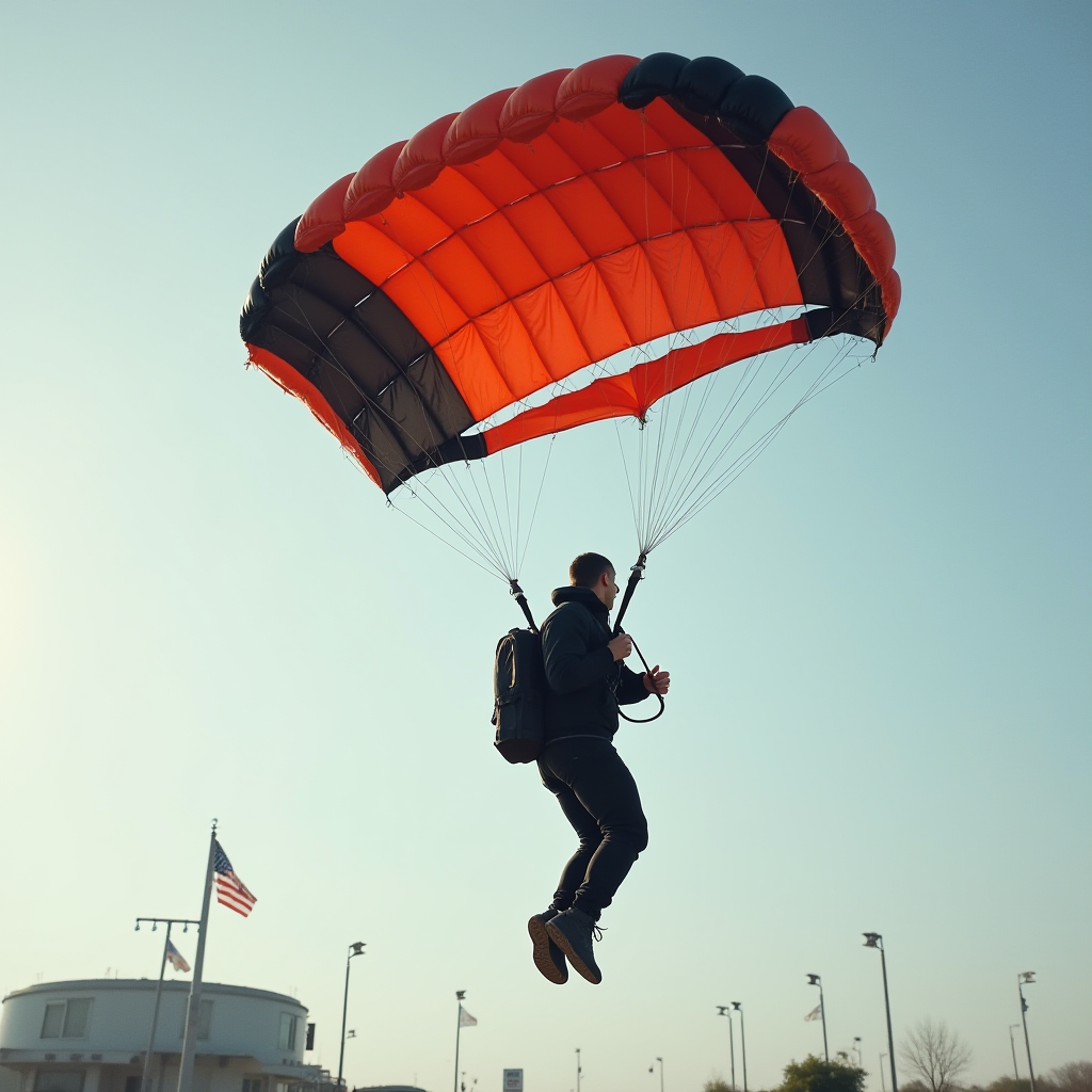 A man is parachuting above an urban area with an American flag visible, under a clear blue sky.