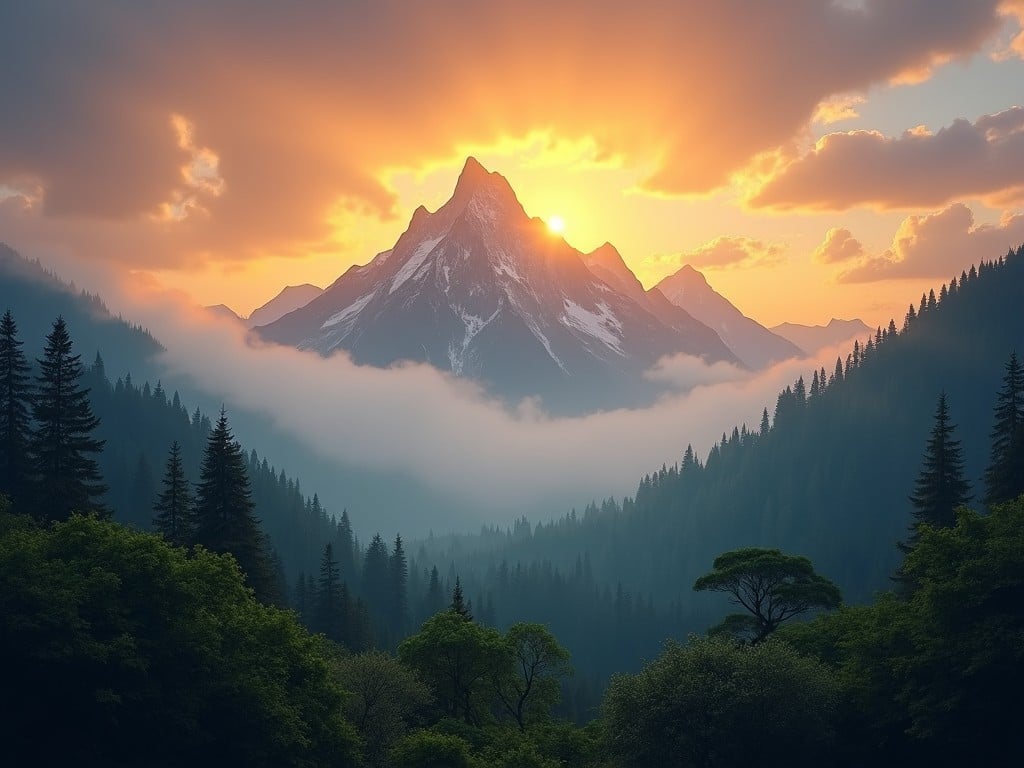 The image showcases a breathtaking natural landscape featuring a majestic mountain peak bathed in the golden light of sunrise. Surrounding the mountain are lush green forests that contribute to a serene atmosphere. Wispy clouds hover at the mountain's base, adding to the mystical feel of the scene. This tranquil setting evokes a sense of the divine, inviting viewers to appreciate the beauty of nature. The vibrant colors of the sunrise contrast beautifully with the deep greens of the forest, creating a harmonious balance.