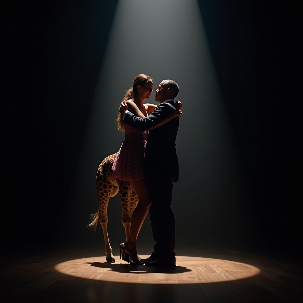 A woman with a giraffe body and a man in formalwear share an intimate dance under a spotlight.