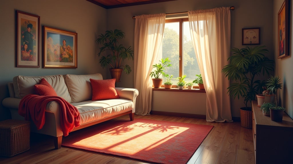 A cozy living room bathed in warm sunlight streaming through a large window, highlighting vibrant house plants on the windowsill and an inviting beige couch adorned with red pillows and a throw. The room features wooden elements, green plants, paintings on the walls, and a red rug that ties the space together, evoking a sense of tranquility and warmth.