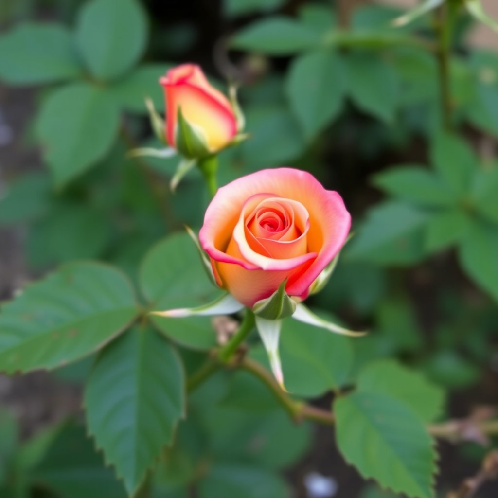 Two gradient-colored rosebuds bloom amidst lush green leaves.