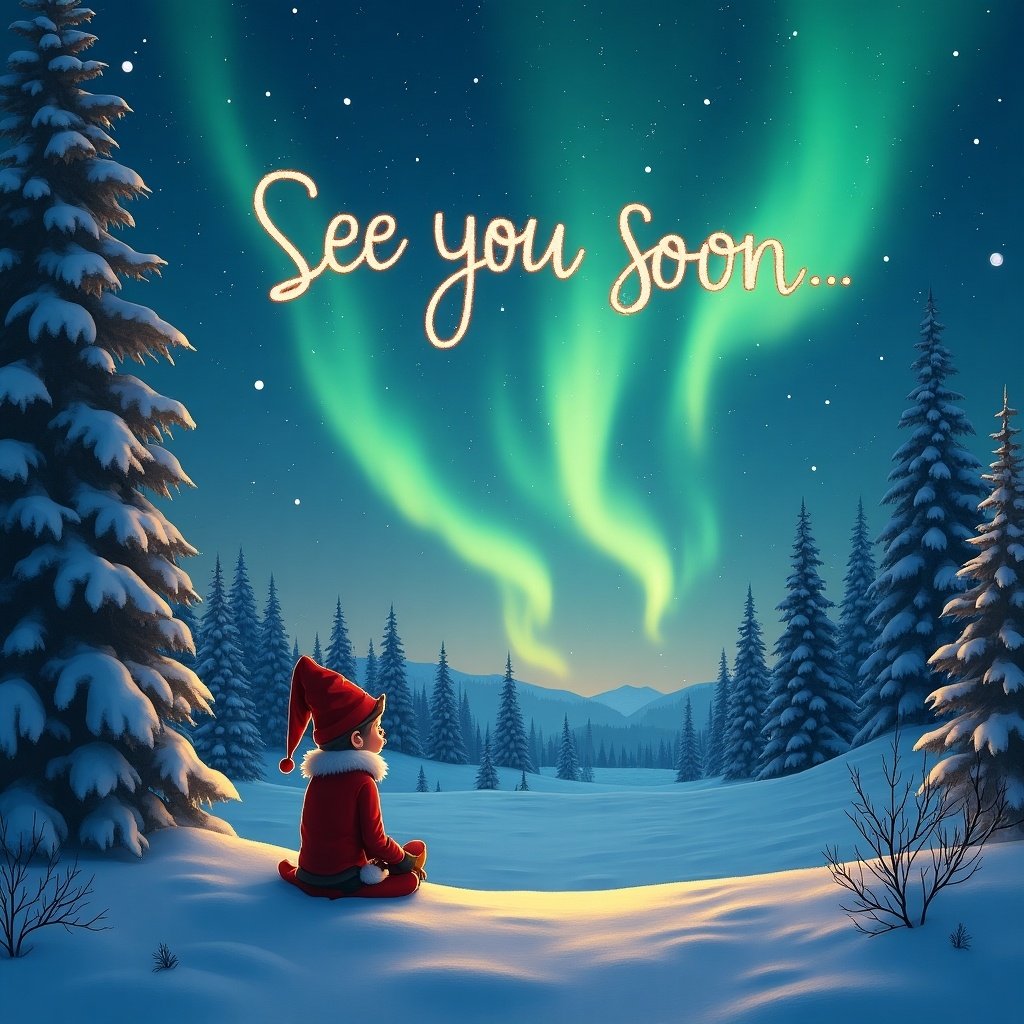 The image features a whimsical scene depicting an elf on the shelf sitting in a snowy landscape. The elf is wearing a red and white outfit and gazing up at the night sky. Above the elf, vibrant northern lights dance in shades of green. The words 'See you soon...' are written in a playful font, illuminated by the natural glow of the auroras. Snow-covered trees surround the elf, adding to the wintery atmosphere. The overall mood evokes a sense of magic and anticipation for the holiday season.