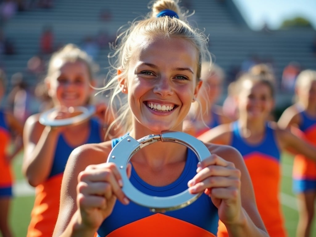 The image features a cheerful cheerleader prominently smiling while holding metal handcuffs. She is dressed in a bright cheerleading outfit, showcasing vibrant colors of orange and blue. In the background, her fellow cheerleaders are engaged in a spirited activity, adding energy to the scene. The setting appears to be a sports venue, likely during an event. The sunlight illuminates the cheerful expressions of the participants, highlighting the fun and lively atmosphere.