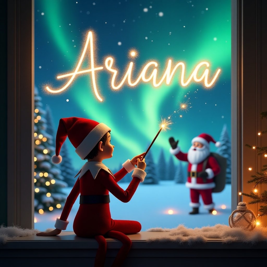 An enchanted Christmas scene unfolds in a cozy room. An elf sits with his back facing us, gazing outside at a snowy landscape. He holds a magic wand, elegantly writing 'Ariana' in the shimmering sky. In the background, Santa Claus waves cheerfully, surrounded by the mesmerizing northern lights. The window frame is adorned with soft white snow, enhancing the winter vibe. Lights twinkle around the elf, adding charm to this magical holiday moment. This illustration embodies the spirit of Christmas and the joy of imagination.