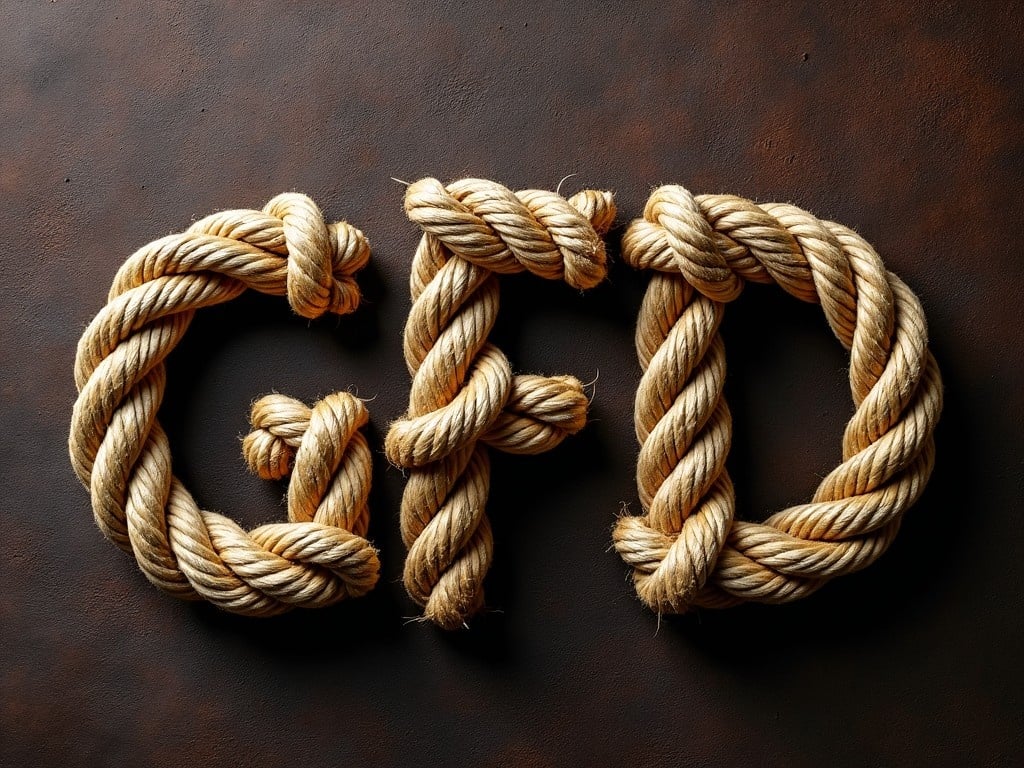 The image features the letters 'GFD' prominently displayed, intertwined with a thick rope. The background is a dark brown leather texture that adds a rustic feel. The letters have a worn vintage finish, suggesting age and character. The rope weaves through the letters in a unique manner, creating an intertwined effect. The overall look is eye-catching and perfect for branding purposes, conveying a nautical or rustic theme.