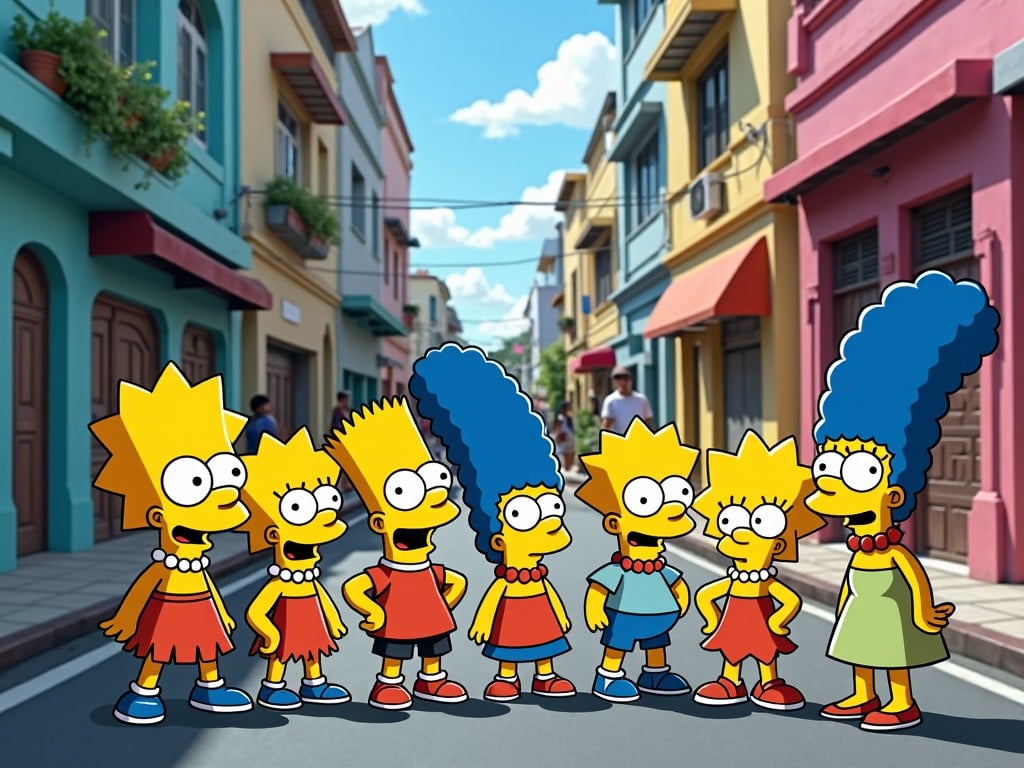 This image features the main characters from The Simpsons, standing in a lively street scene. The background showcases pastel-colored buildings, adding vibrancy to the setting. The characters are depicted in their iconic yellow hues and distinctive hairstyles. The scene evokes a playful and cheerful atmosphere, typical of family-friendly animation. Their expressions convey a sense of fun and camaraderie, making it appealing to both children and adults.