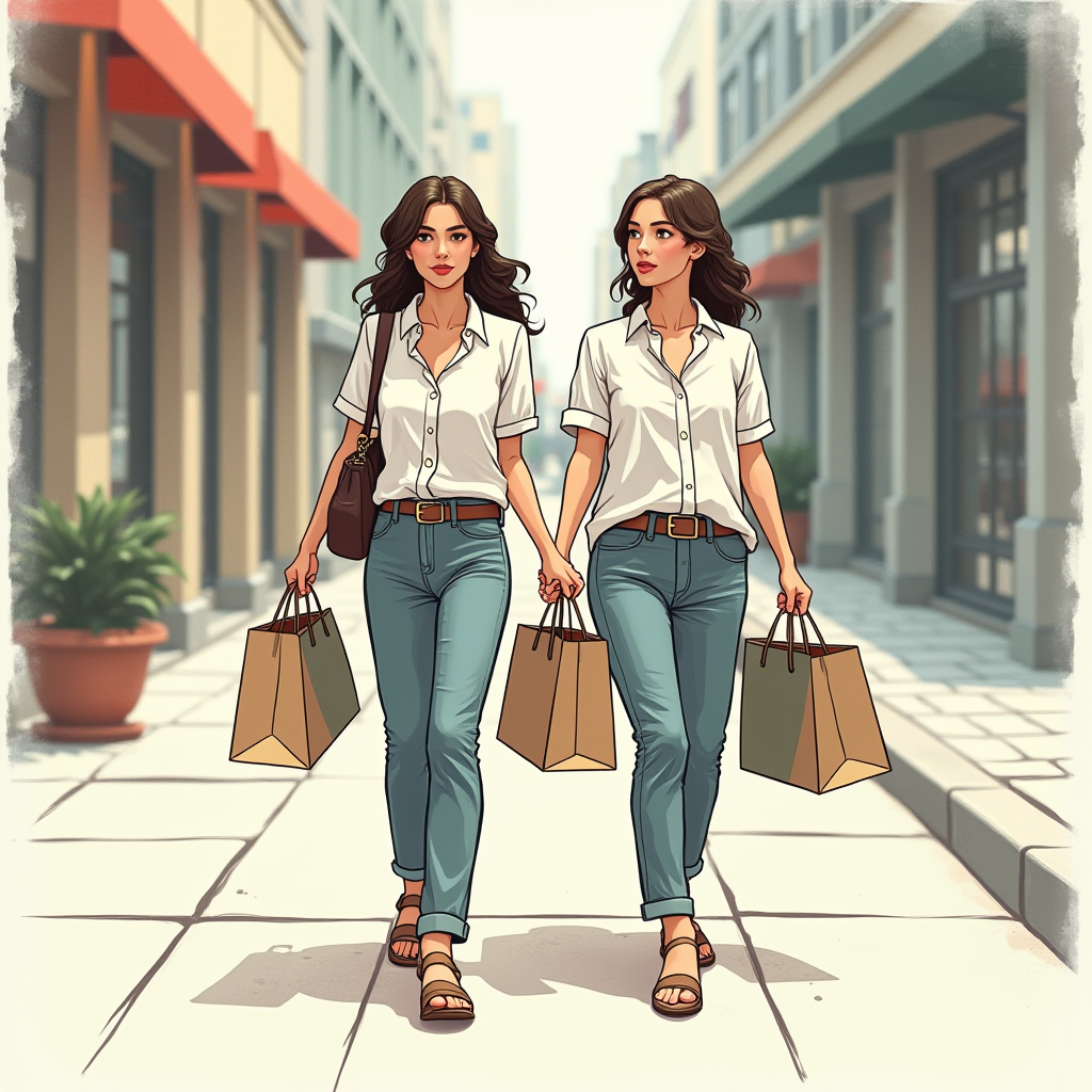 Two identical women walk hand in hand down a city street carrying shopping bags, exuding a chic and coordinated vibe.