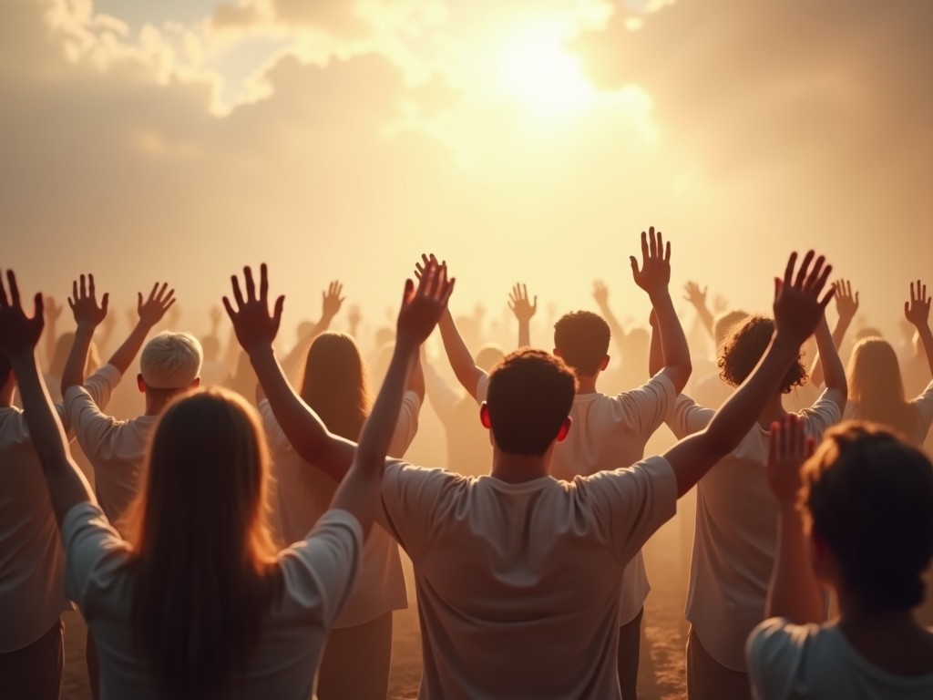 a large group of people raising their hands towards a bright sunset, creating a sense of unity and celebration.