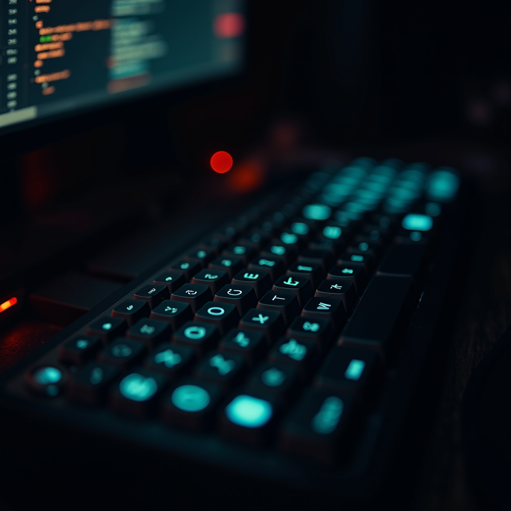 A dimly lit mechanical keyboard glowing softly in a dark room with code displayed on a monitor in the background.