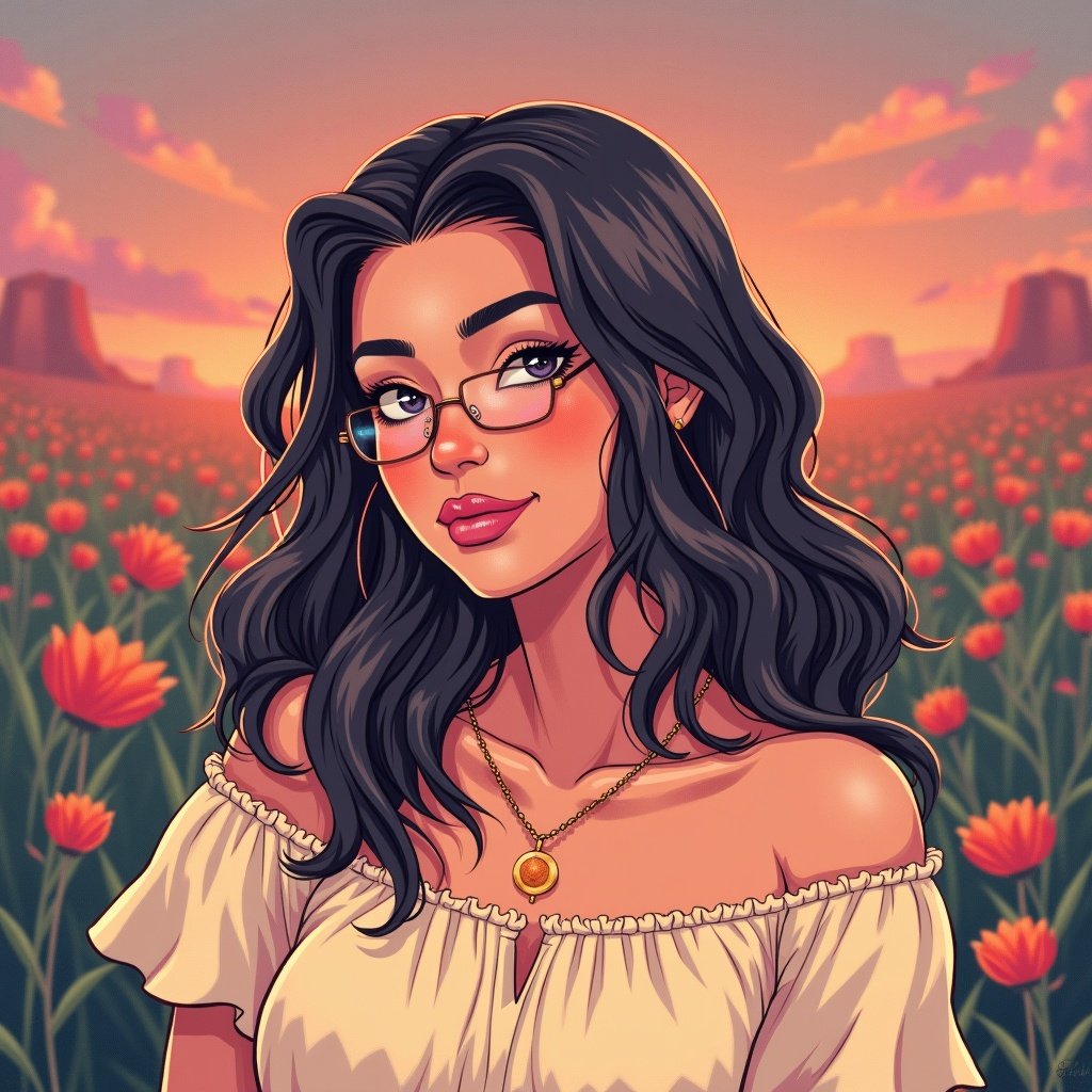 This image features a young woman named Rubie-Leigh, with long, flowing dark hair and stylish glasses. She wears a fashionable off-shoulder top, giving a sense of modern elegance. The background showcases a vibrant sunset over a field of flowers, adding depth and beauty to the scene. Her gentle smile and pose suggest confidence and approachability. The overall vibe blends contemporary style with nature's tranquility.