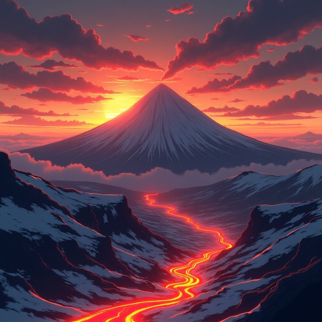 The image depicts a dramatic sunset over a volcano, with fiery lava coursing down its slopes. The mountain is snow-capped, reflecting the warm hues of the setting sun. The sky is filled with vibrant orange and purple clouds, creating a moody atmosphere. The scene is reminiscent of anime art styles, emphasizing the beauty and power of nature. The landscape is expansive, showcasing the contrast between the warm lava and the cold snow. This breathtaking view invites viewers to immerse themselves in a moment of natural wonder.