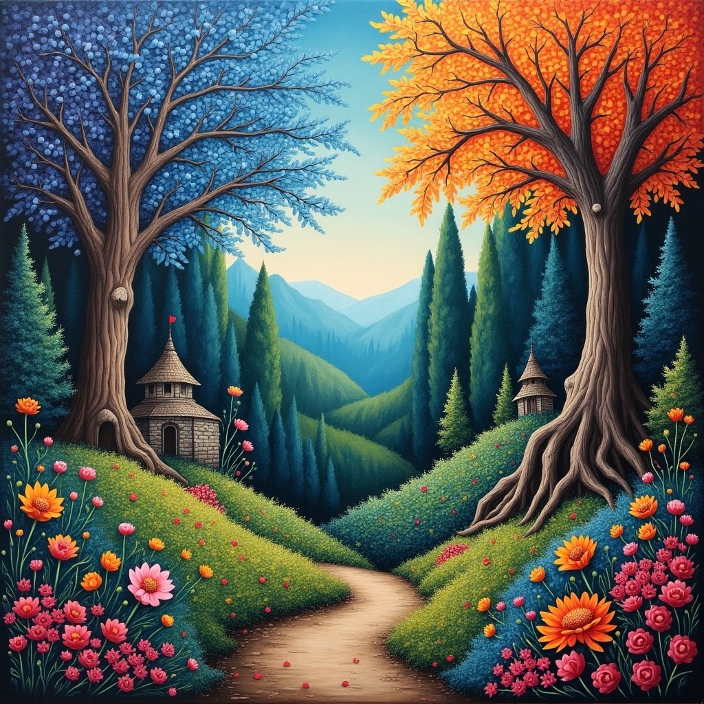 This painting presents an enchanting landscape inspired by the whimsical world of Alice in Wonderland. On either side of a winding path, there are two grand trees, one adorned with vibrant blue leaves and the other with fiery orange foliage. Between them stands a lush, green hillside dotted with colorful flowers blooming in a variety of shades. In the distance, soft mountains rise, providing a serene backdrop. The sky is a bright, cheerful blue that complements the magical atmosphere of this highly detailed gouache painting.