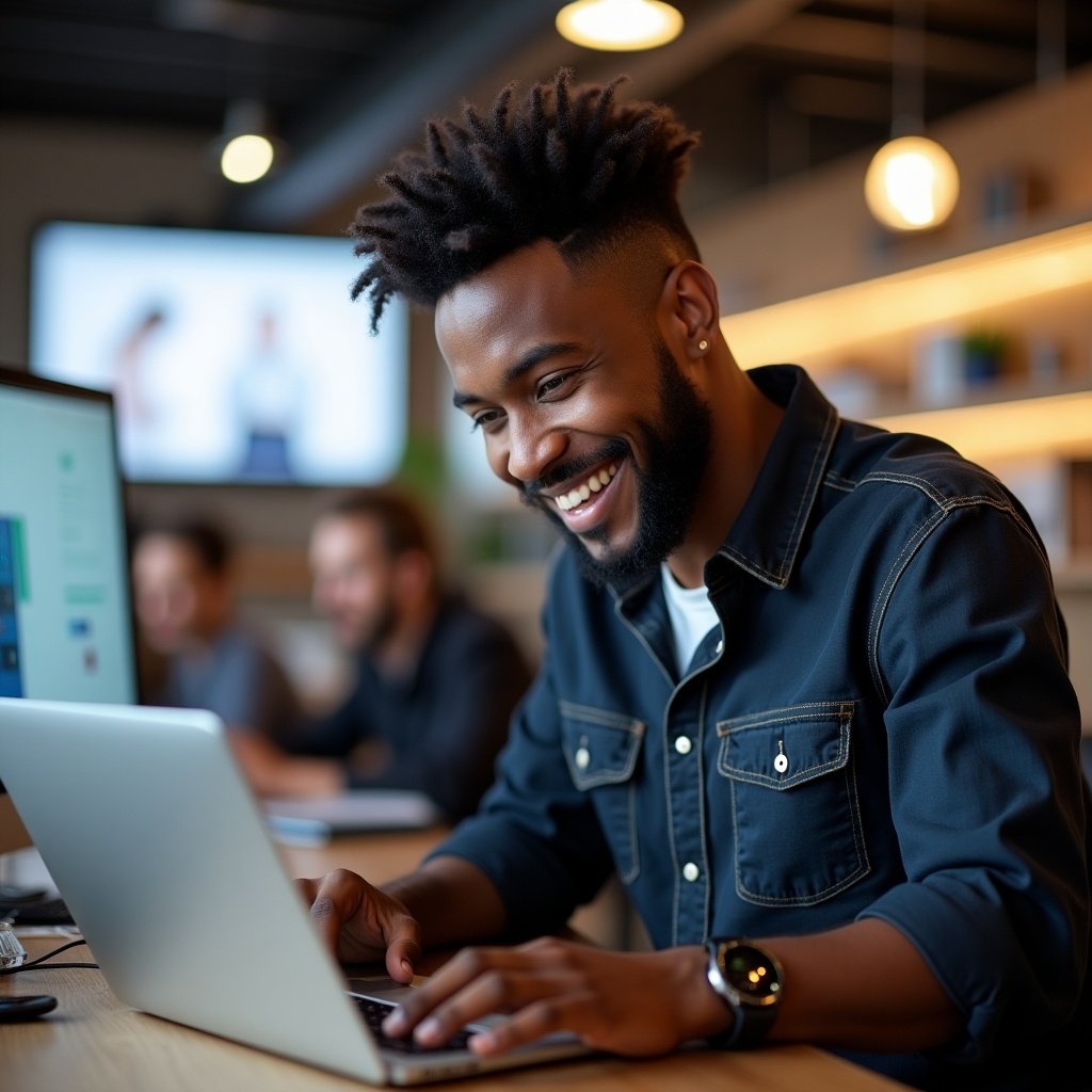 This image features an enthusiastic young black man with stylish hair, sitting in a modern tech workspace. He is intently using a laptop, displaying a bright smile that conveys engagement and happiness. The background shows other professionals collaborating, adding to the dynamic atmosphere. The setting includes warm wood textures, soft lighting, and tech gadgets, creating a contemporary feel. This scene captures the essence of a productive work environment.