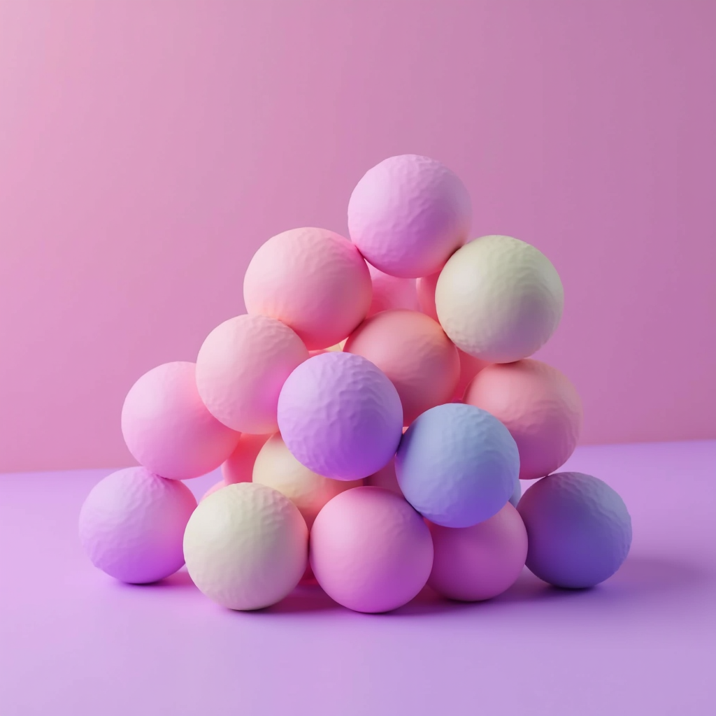 A stack of pastel-colored spheres against a pink backdrop, creating a soothing visual gradient.