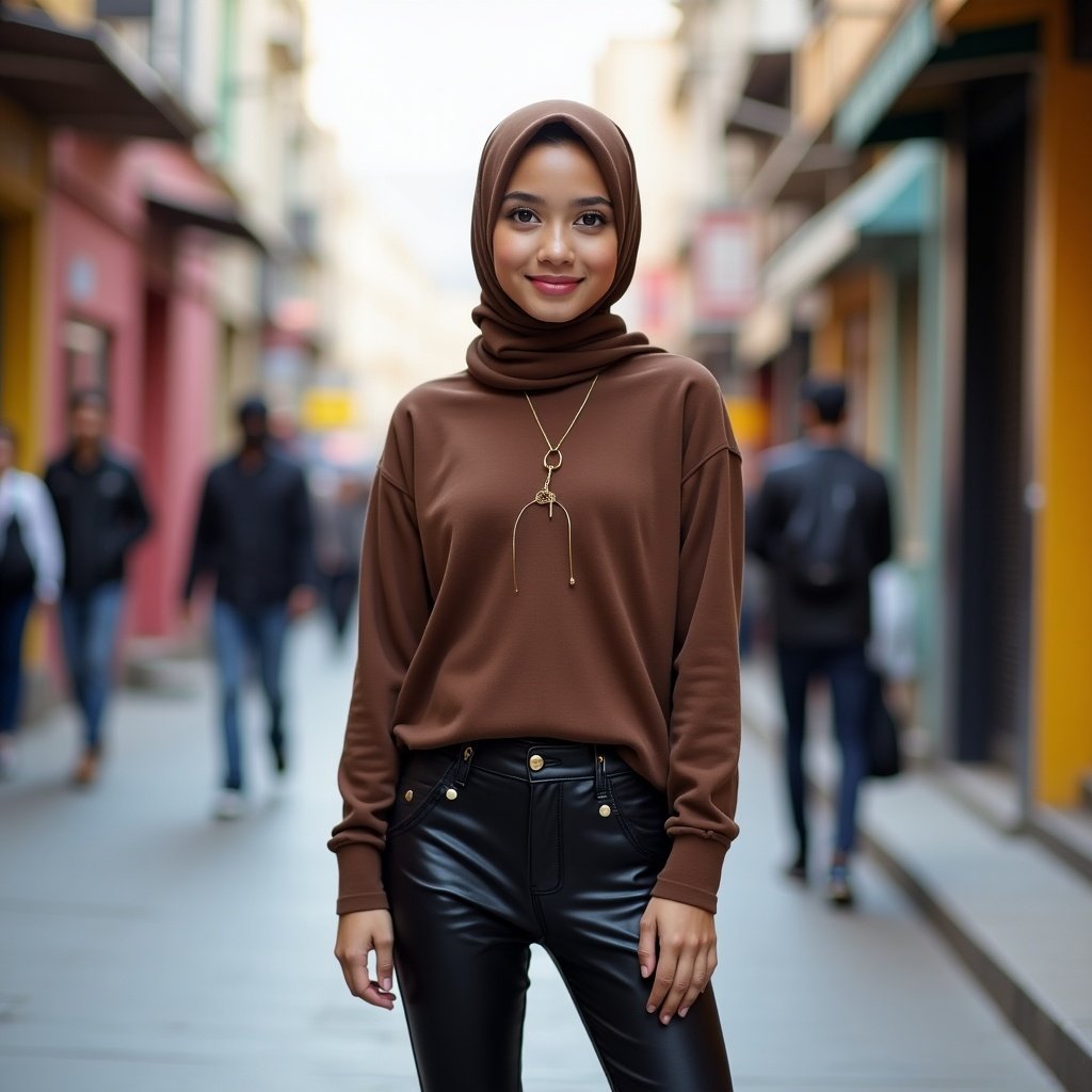 A girl wearing a stylish brown hijab is standing confidently on a bustling street. She is dressed in a cozy brown top and sleek black leather pants that complement her look. The surroundings feature colorful buildings, creating a vibrant urban atmosphere. Other people can be seen walking in the background, emphasizing the busy lifestyle. Her expression is poised and cheerful, projecting an air of confidence and fashion sense.