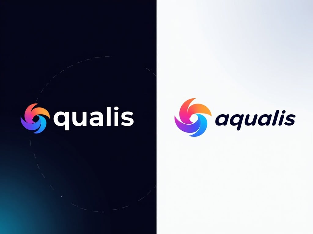 This image features two logos side by side: the left side presents the logo for 'qualis', and the right showcases 'aqualis'. Both logos incorporate vibrant colors and a circular swirl design, symbolizing creativity and innovation. The left logo is set against a dark background, while the right logo contrasts with a light background. The font used is modern and sleek, enhancing the overall aesthetic. The combination of colors and shapes is visually striking, capturing attention and evoking a sense of professionalism and modernity.