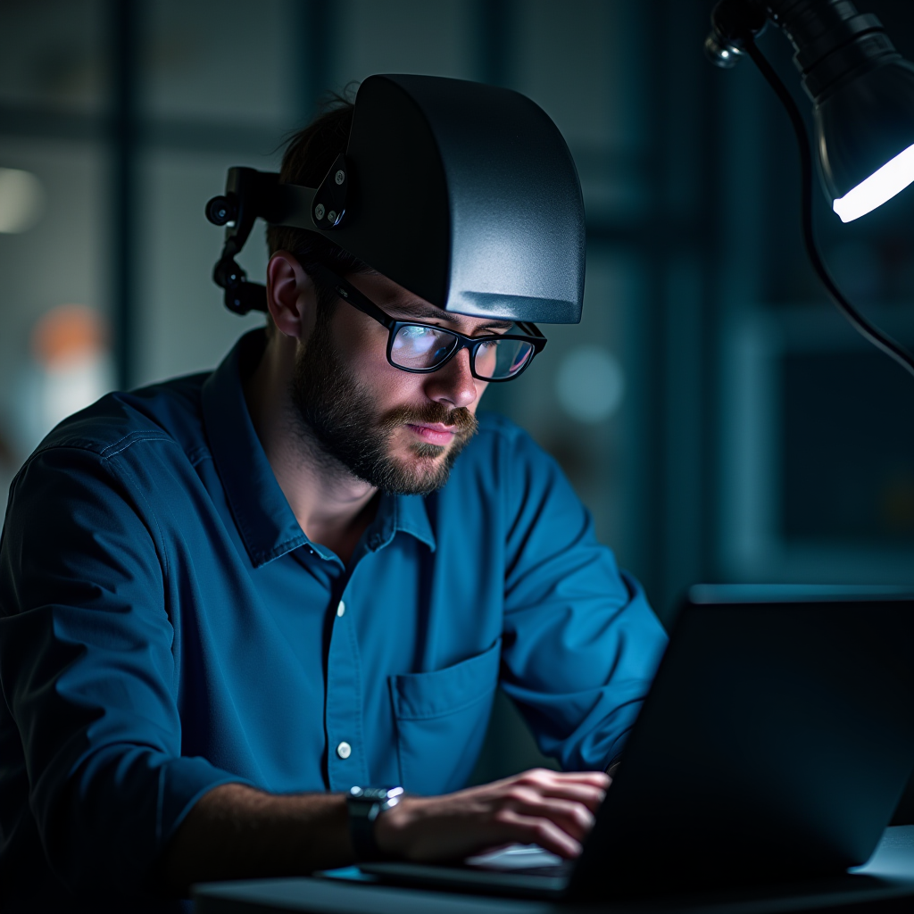 A man wearing a high-tech helmet works intently on a laptop under focused lighting.