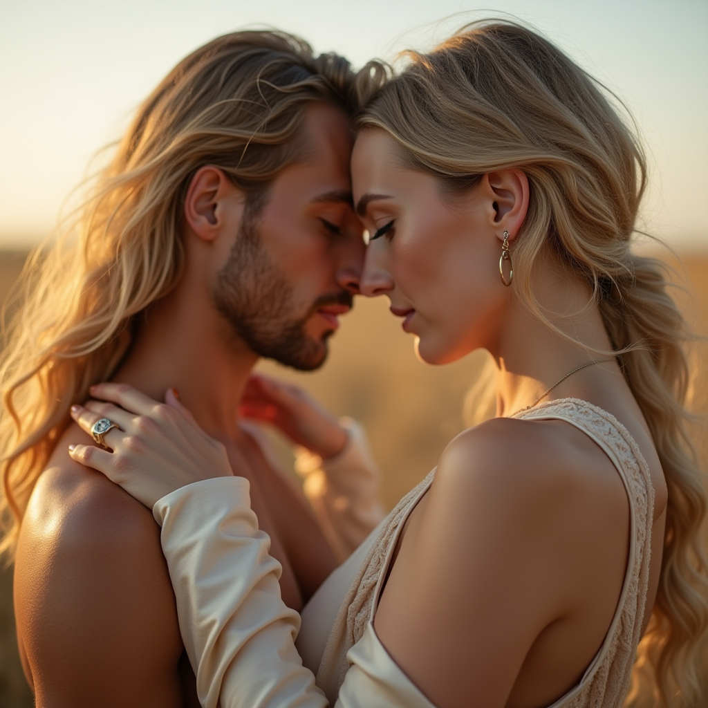 A couple shares a tender moment in a sunlit field, their foreheads touching intimately as they embrace, surrounded by the warm glow of the golden hour.