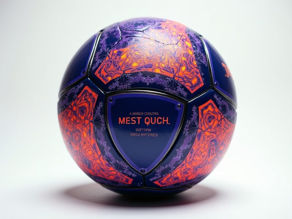 This image features a soccer ball designed for both matches and training sessions. It showcases an emotional design ethos, emphasizing player connection. The ball is adorned with vibrant purple, blue, and orange colors for a striking appearance. Rubber spikes are integrated into the design to provide players with improved control during play. Overall, the soccer ball combines aesthetics with functionality for athletes of all levels.