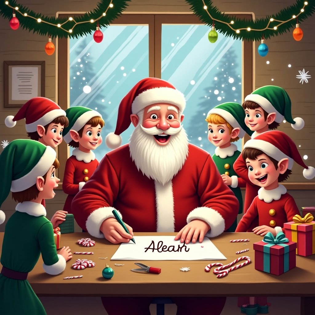 This is a joyful Christmas scene inside a workshop. Santa Claus is surrounded by cheerful elves, all smiling and engaged in festive activities. The elves are wearing green hats and red outfits, while Santa is dressed in his classic red suit. Brightly wrapped presents are scattered around the table, adding to the holiday spirit. Candy canes and colorful ornaments decorate the scene. Snow is visible through the cheerful window, implying a cozy winter atmosphere. Warm lights and decorations enhance the festive mood, and Santa is writing the name Aleah.