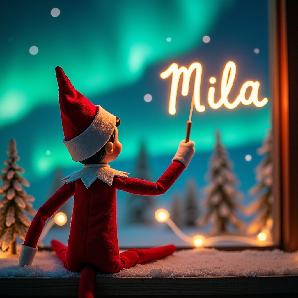 An enchanting Christmas scene featuring an elf on the shelf, who is facing the sky with his back to the viewer. The elf, dressed in red and white, wields a magic wand, writing ‘Mila’ in a glowing script above him. The backdrop is adorned with vibrant northern lights, adding a magical ambiance. The scene is festive, portraying the spirit of Christmas with a whimsical twist. The elf's position and action create a sense of wonder and excitement that captures the joy of the holiday season.