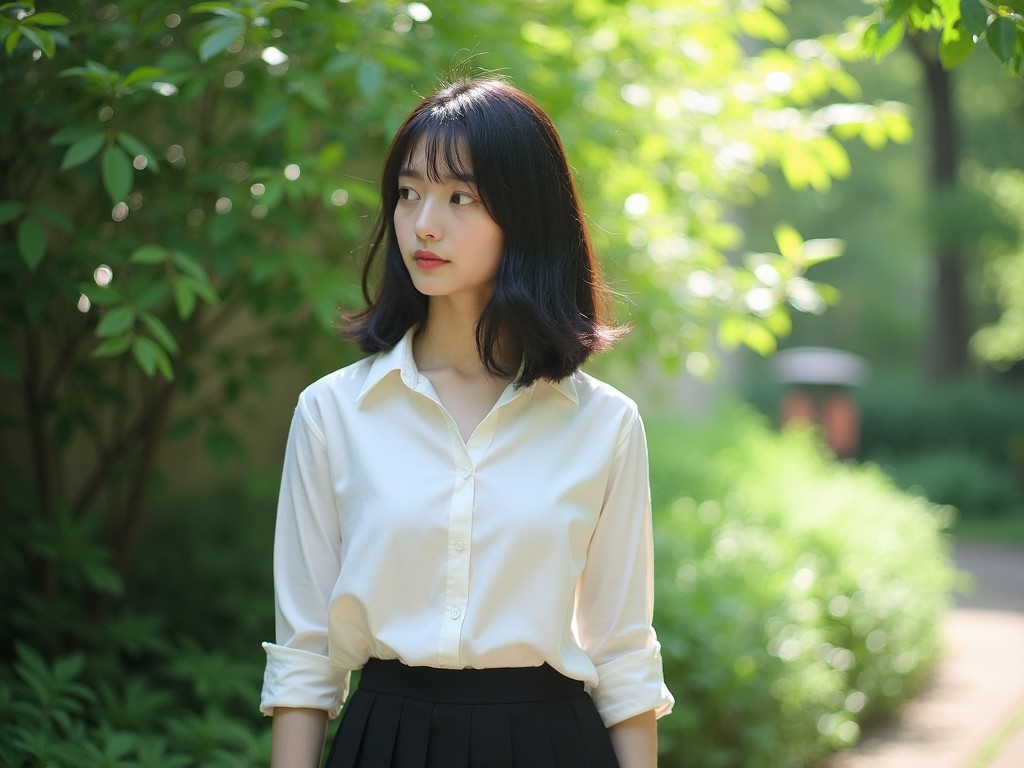 The image shows a person standing outdoors in a natural setting. The individual has medium-length dark hair and is wearing a white shirt paired with a black skirt. The background is filled with lush green foliage, suggesting a peaceful garden or forest environment. Sunlight filters through the leaves, casting a gentle glow on the person. The overall atmosphere is tranquil and serene, capturing a moment of quiet contemplation.