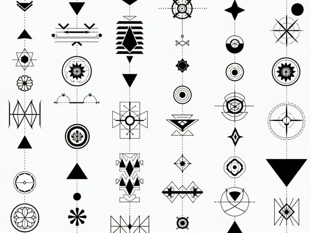 A collection of intricate black and white geometric patterns arranged in columns, featuring various shapes like triangles, circles, and abstract symbols on a light background.