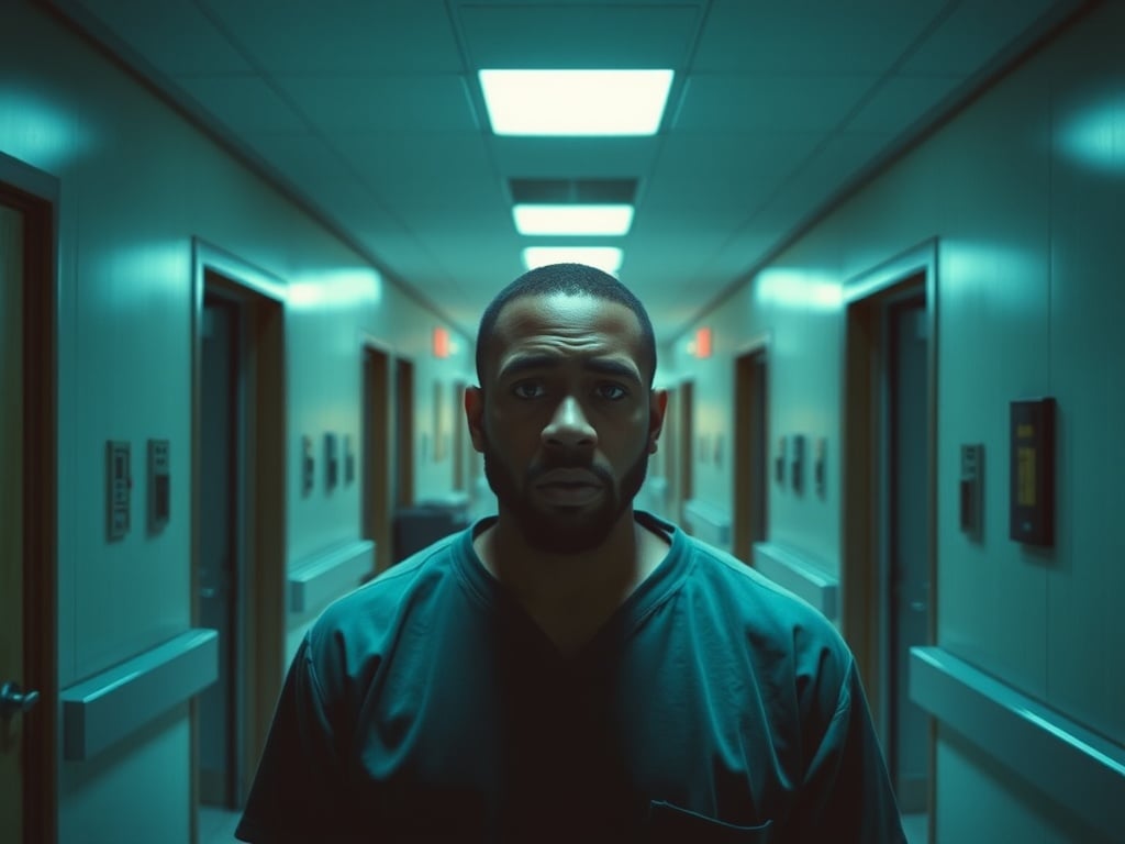 A man stands alone in the dimly lit corridor of an empty hospital.