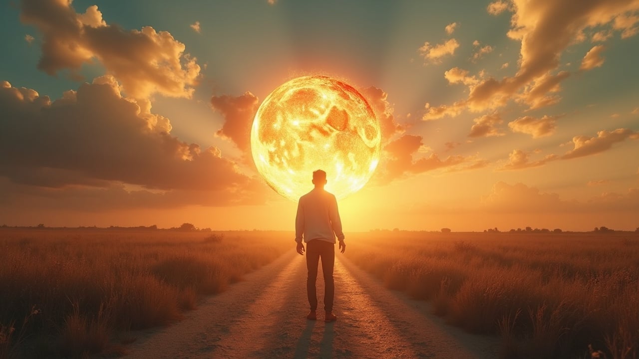 A person walking down a dirt road towards a giant setting sun, framed by a glowing sky and scattered clouds, evoking a sense of wonder and contemplation.