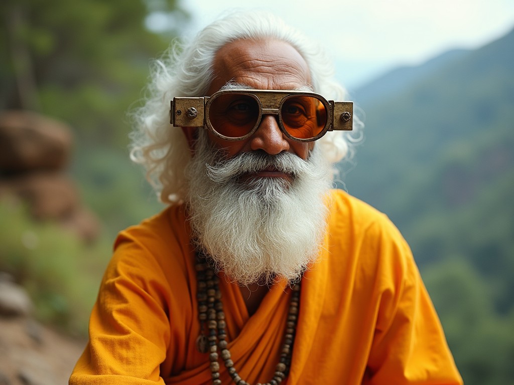 This image features an elderly man with a long white beard and curly hair, wearing vintage-style glasses with large side arms. His attire is a bright orange robe, signifying a spiritual or philosophical figure. In the background, a lush, green landscape is visible, suggesting a serene outdoor setting. The man's expression conveys wisdom and tranquility, creating an inviting aura. This portrait merges cultural elements with a unique, vintage fashion statement, emphasizing the beauty of aging and experience.