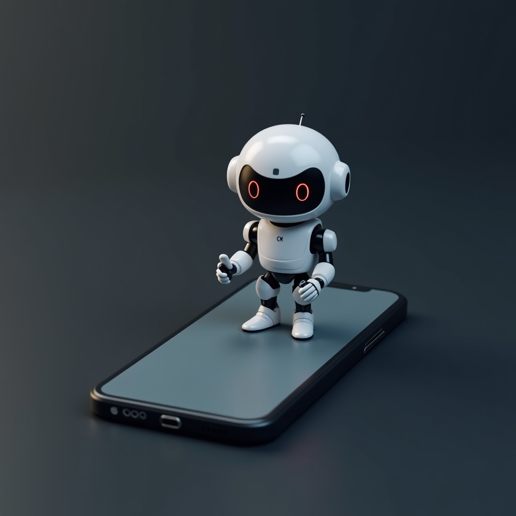 A small, white robot with glowing eyes stands on a large smartphone.