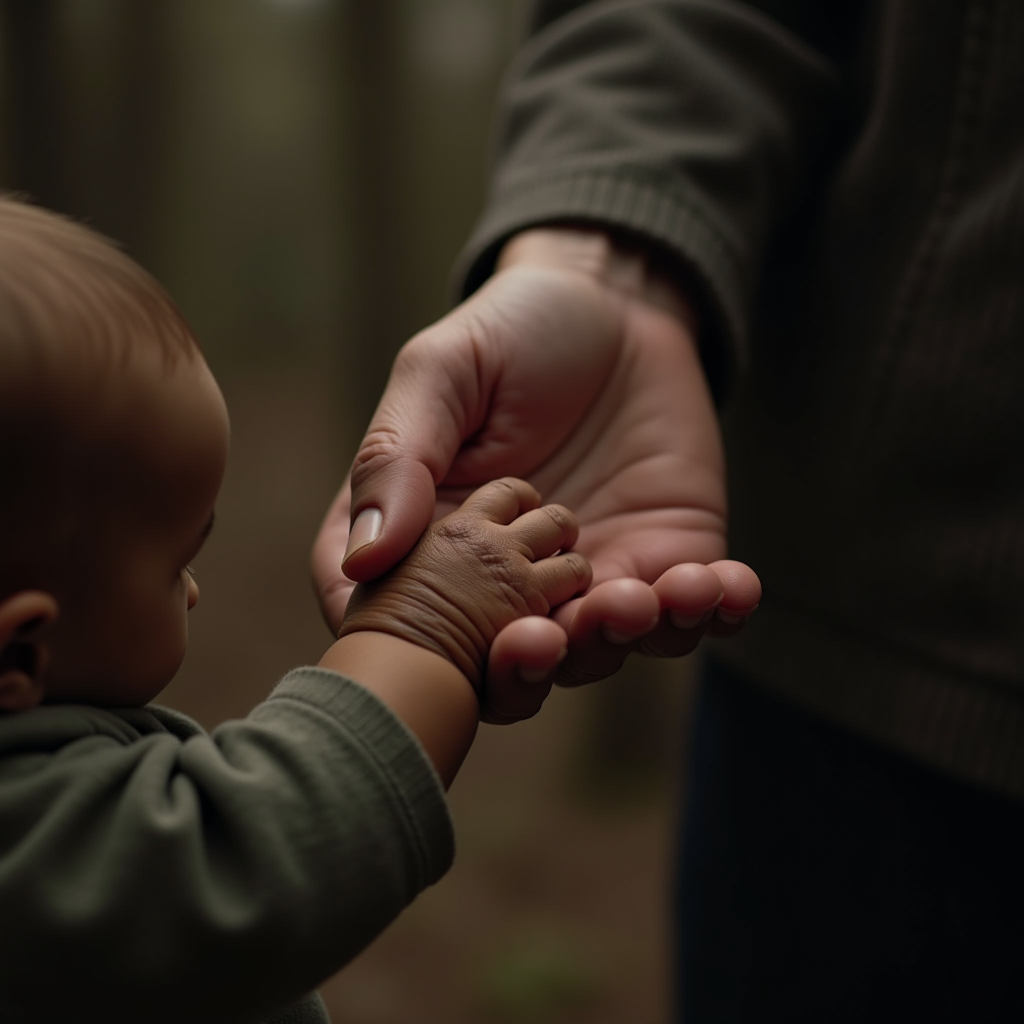 A child holding an adult's hand in an intimate, natural setting.