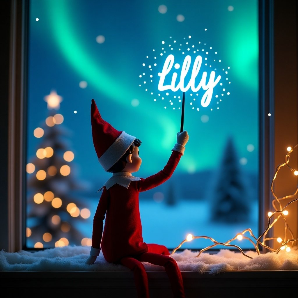 An enchanting Christmas scene featuring an elf on the shelf, who is facing the sky with his back to the viewer. The elf, dressed in red and white, wields a magic wand, writing Lilly in a blue glowing script above him. The backdrop is adorned with vibrant northern lights, adding a magical ambiance. The scene is festive, portraying the spirit of Christmas with a whimsical twist. The elf's position and action create a sense of wonder and excitement that captures the joy of the holiday season.